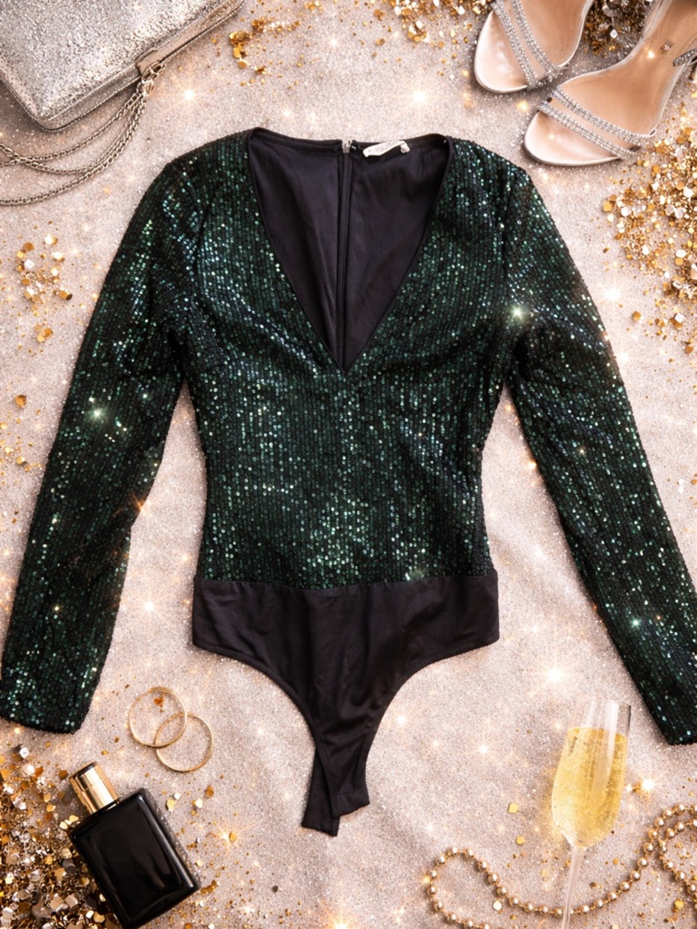 Sequin V-Neck Long Sleeve Bodysuit - Emerald Green